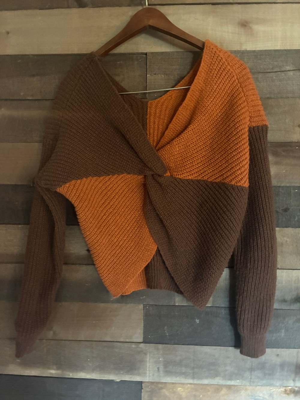 No Boundaries Twist-Front Colorblock Off-Shoulder Sweater - Brown & Orange